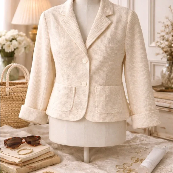 Pendleton Womens Ivory Seersucker Cotton Blazer Jacket Button Front Small - Picture 2 of 8